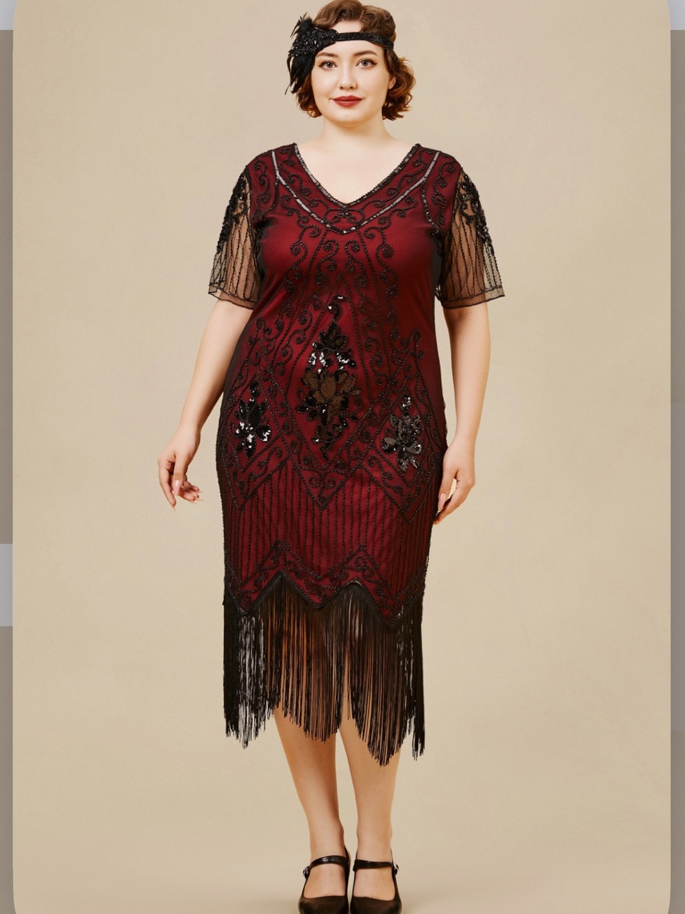 Vintage Paisley Flapper Fringe Plus Size Beaded Red and Black Midi Dress